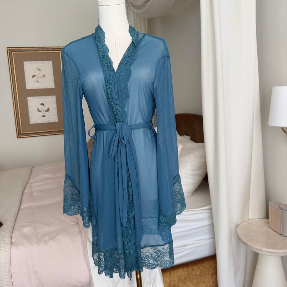 Vintage Teal Fairycore Lace Trim Mesh Robe Y2K Coquette Boudoir Peignoir